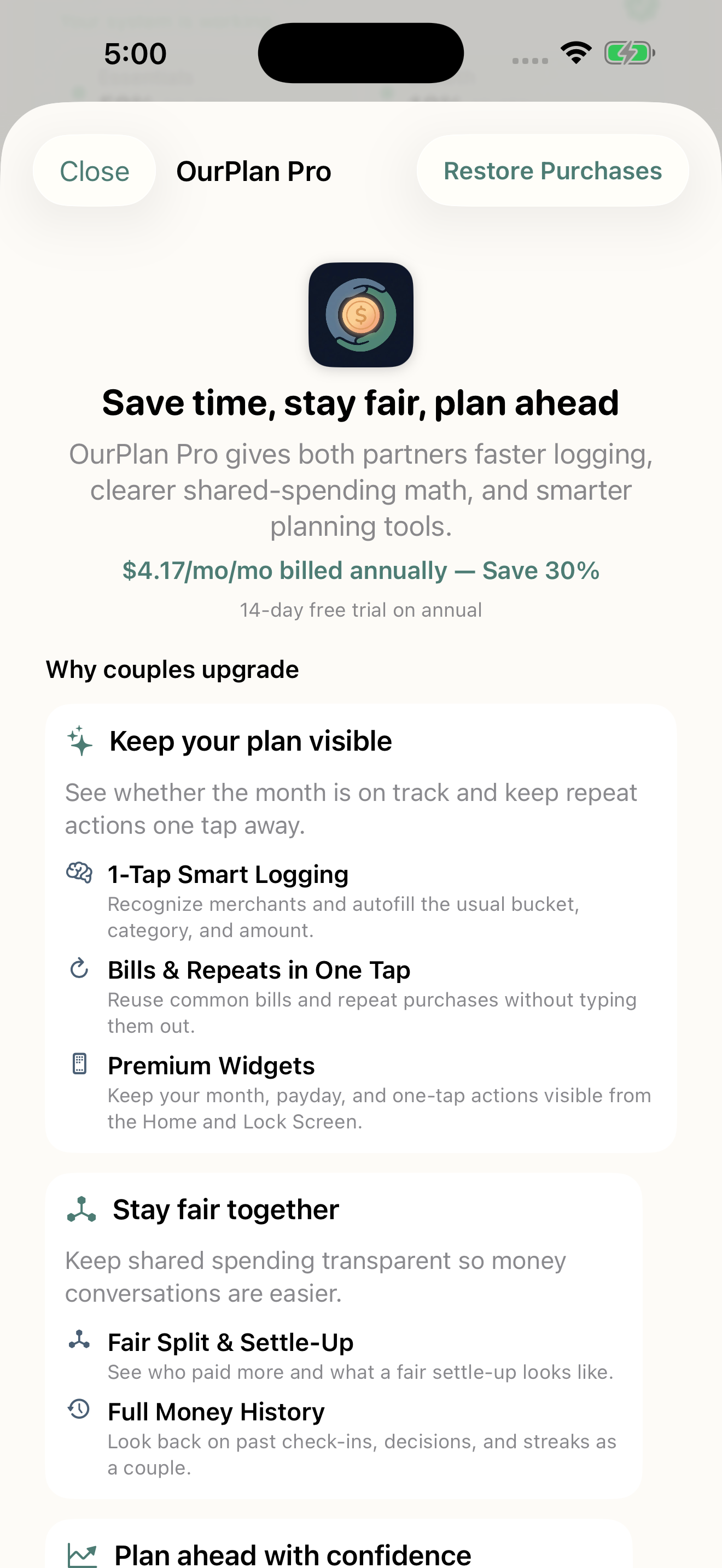 OurPlan Pro upgrade screen